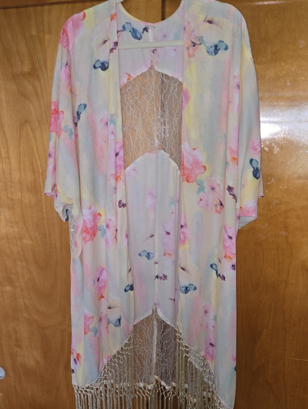 Melissa Macarthy Lightweight Pastel Watercolor Kimono with Fringe
